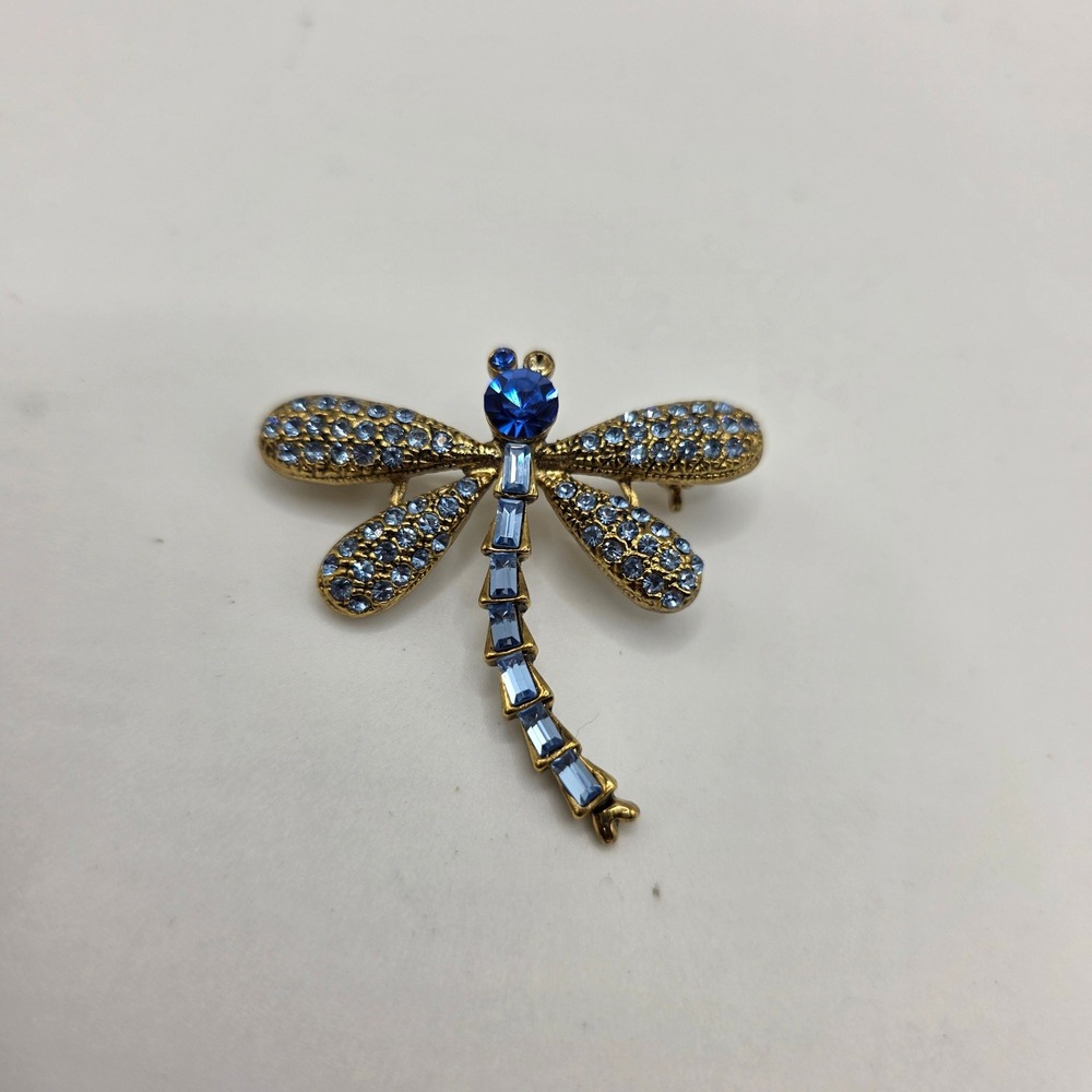 Vintage Style‎ Blue Rhinestone Dragonfly Brooch Gold Tone Insect Pin 2 Inch